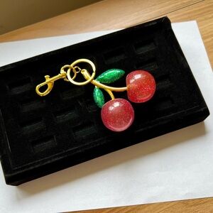 Sparkling Cherry Bag Charm / Keychain - Red, Gold & Green